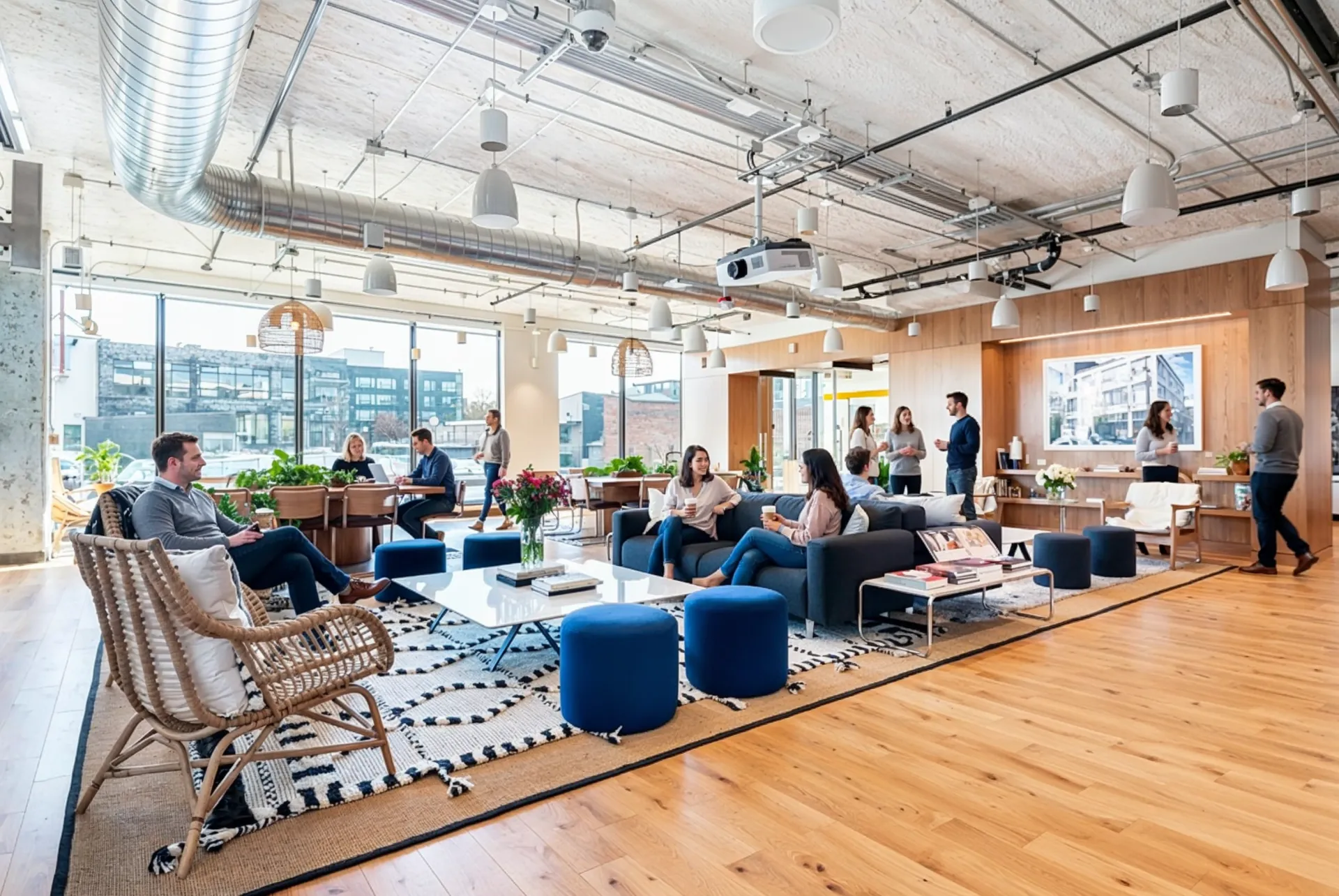 Members working in a light-filled CENTRL Office lounge