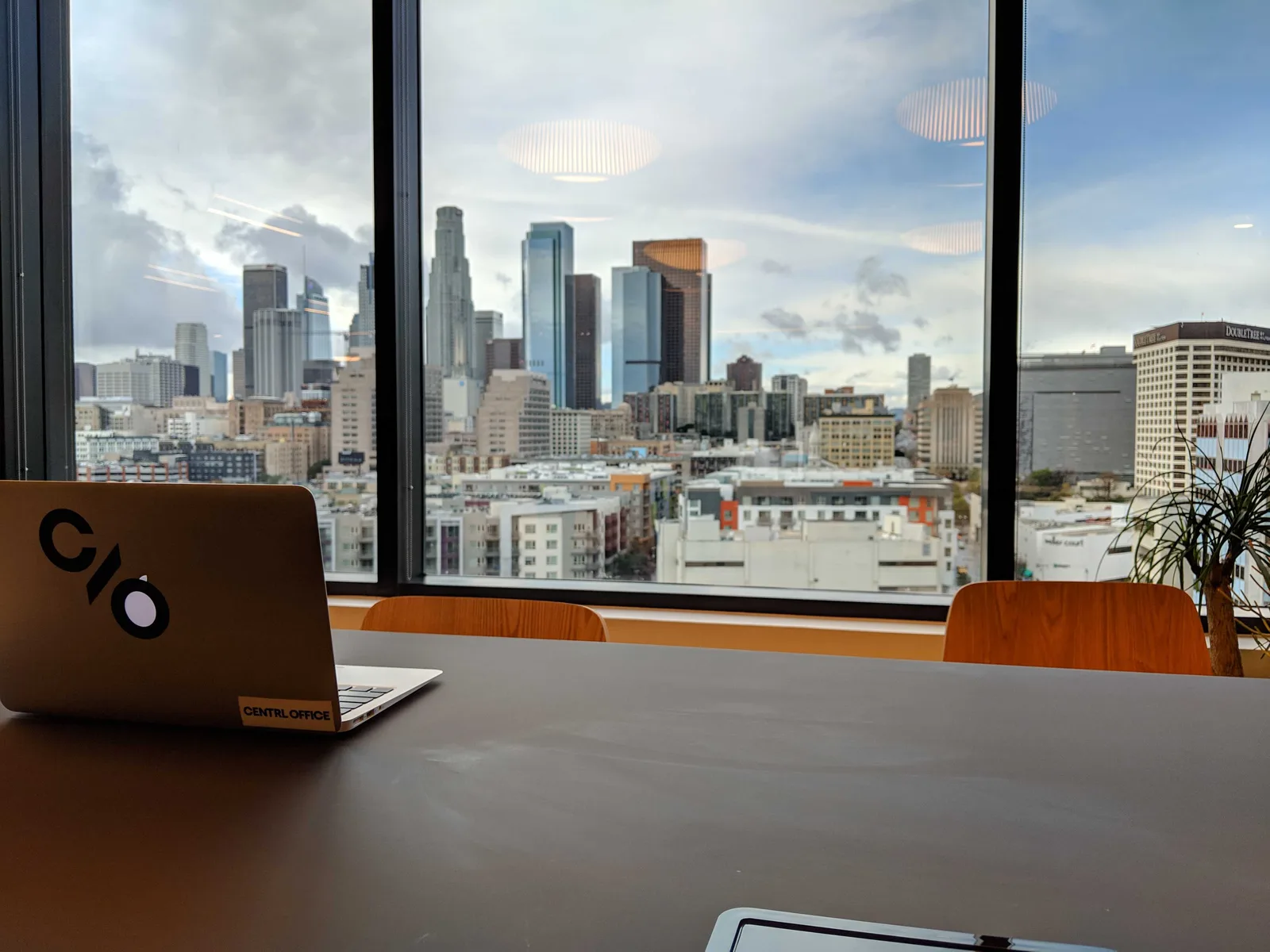 A desk with downtown views at CENTRL Downtown LA.