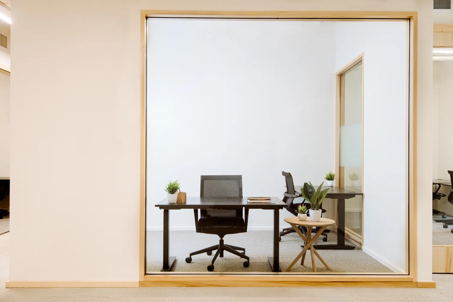 A furnished day office with a desk and plants